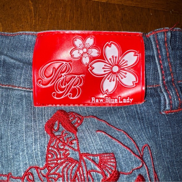 Raw Blue Lady Womens Juniors Red Embroidered Geisha Blue Denim Jeans 13 14 - Picture 10 of 15